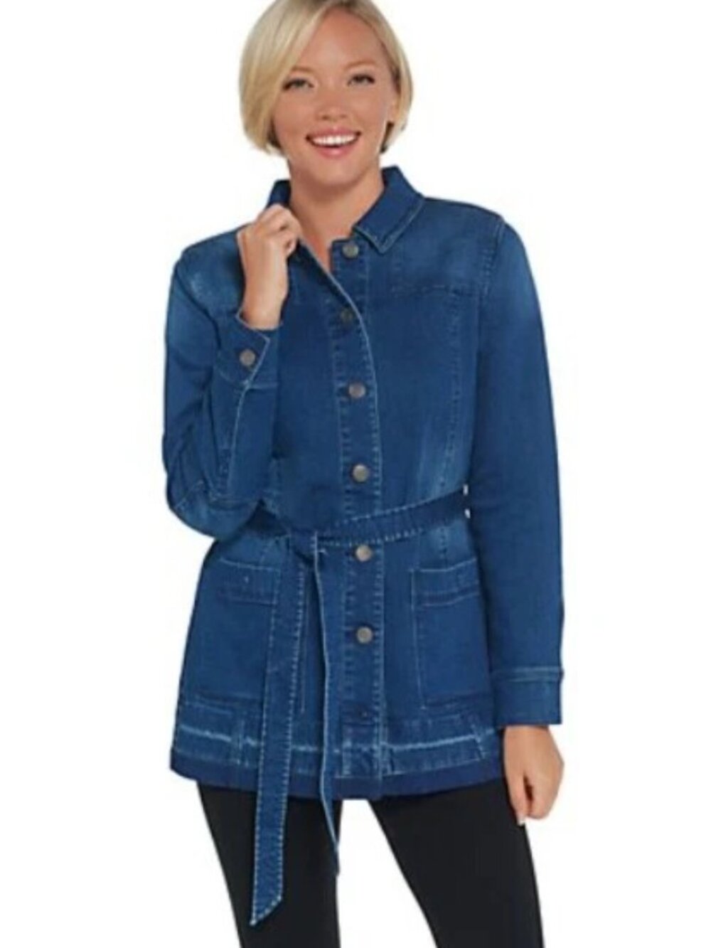 ISAAC MIZRAHI LIVE Blue Denim Barn Chore Coat Jacket Size 2 XS S QVC *No Belt